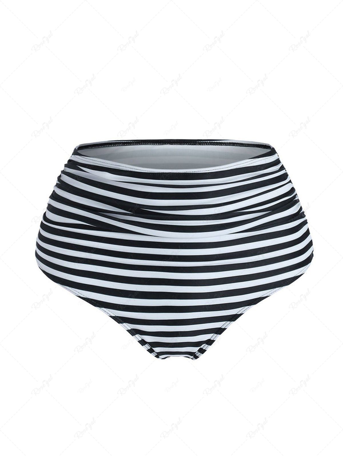 Discount Striped Print Ruched High Waisted Swimsuit Briefs  