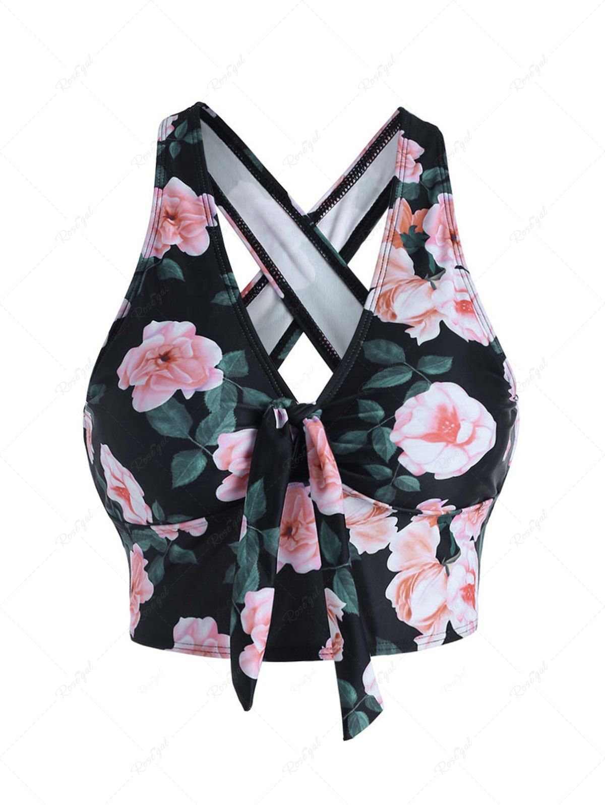 Shops Flower Print Bowknot Tied Crossover Padded Tankini Swimsuit Top  