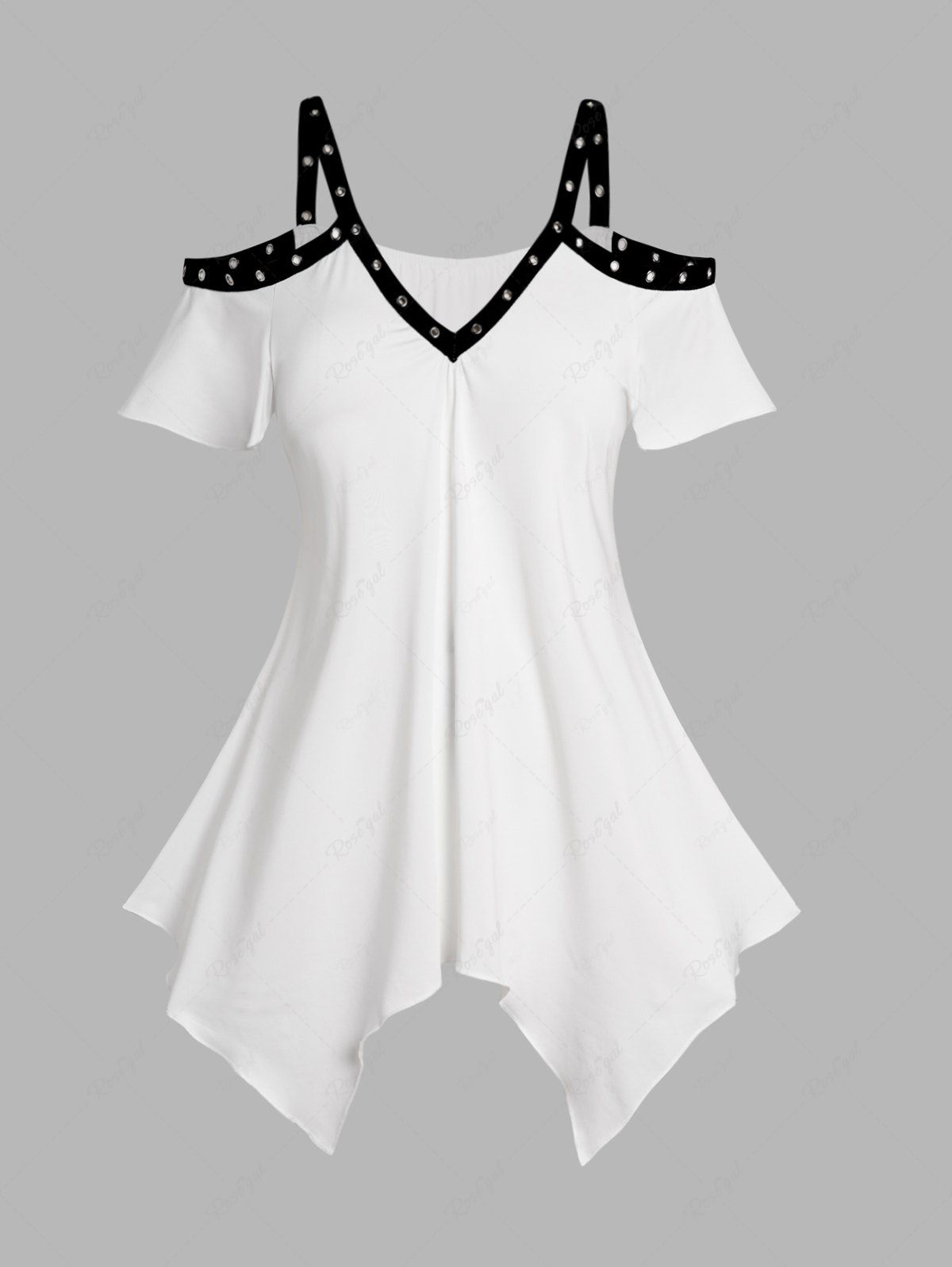Fancy Plus Size Contrast Colorblock Grommet Cold Shoulder Asymmetrical T Shirt  