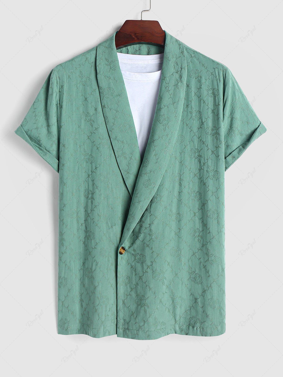 Online Rose Jacquard Lapel Collar Single Button Short Sleeves Shirt  