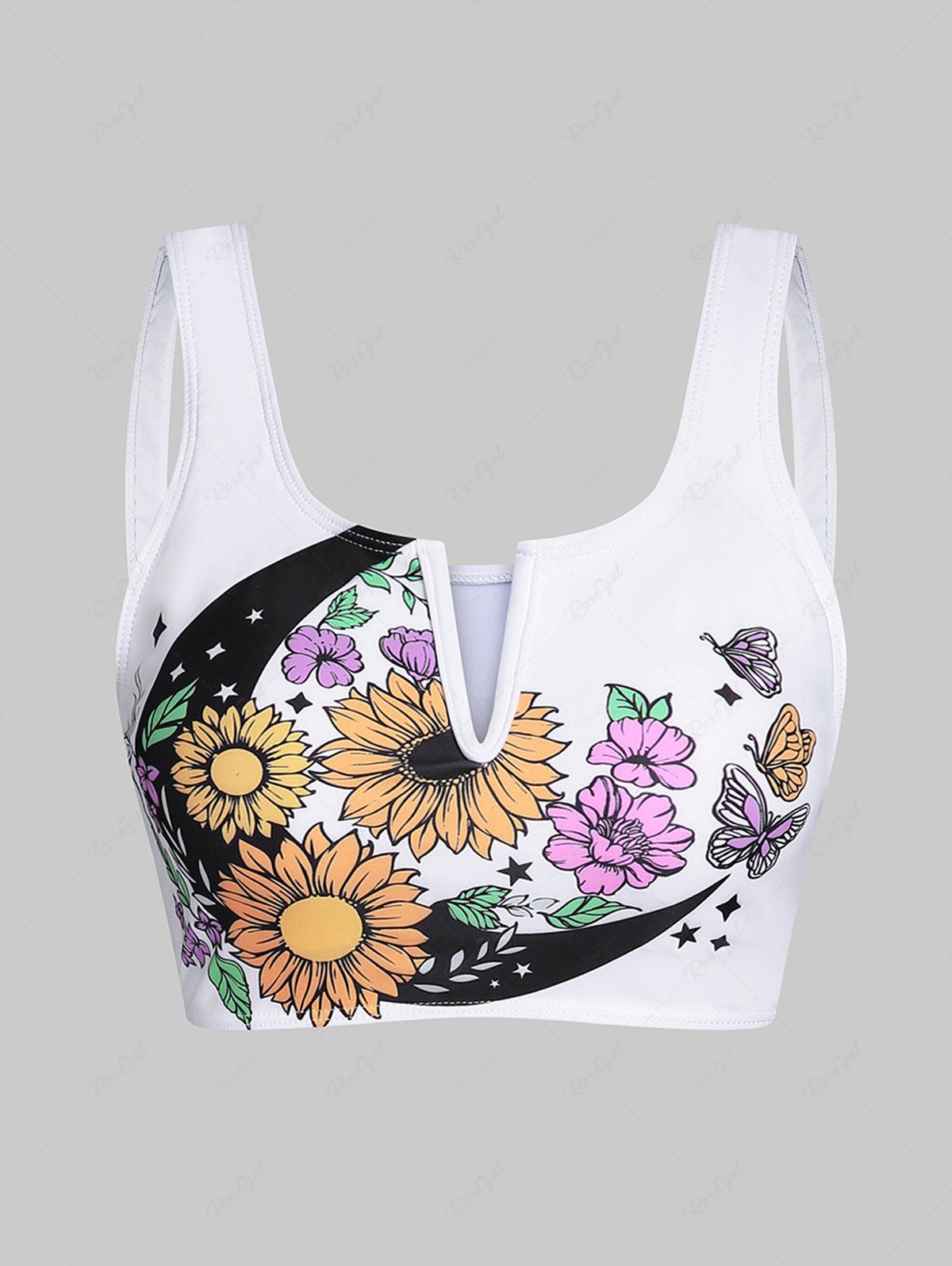 Outfit Moon Flower Print Padded V Notched Strap Padded Tankini Swimsuit Top  