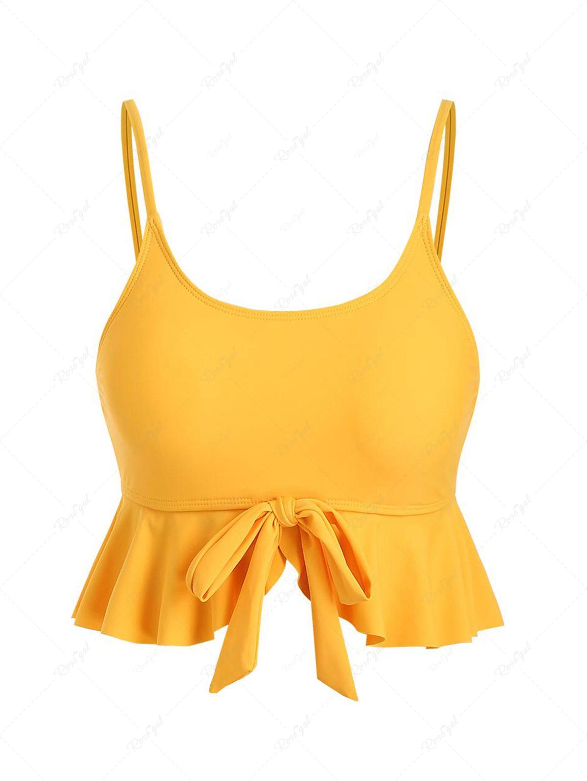 Unique Plain Color Bowknot Tied Flounce Padded Spaghetti Strap Tankini Swimsuit Top  