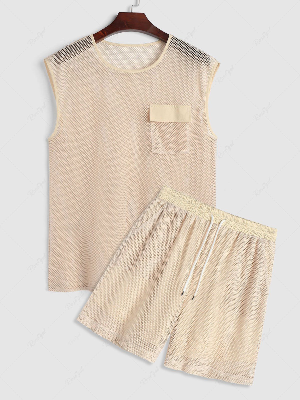 Unique Sexy Sheer Openwork Mesh Two Piece Set Flap Pocket Tank Top With Lined Drawstring Shorts  