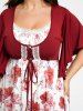 Plus Size Flower Print Lace Up Butterfly Sleeves Dress -  