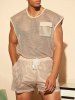 Sexy Sheer Openwork Mesh Two Piece Set Flap Pocket Tank Top With Lined Drawstring Shorts -  
