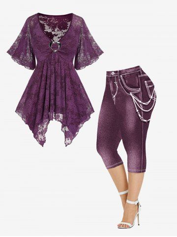 Heart Buckle Ruched Lace Handkerchief Short Sleeve T-Shirt and 3D Chain Jeans Printed Leggings Plus Size Outfit - CONCORD
