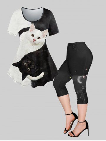 Colorblock Cats Printed T-shirt and Stars Glitter Printed Pockets Capri Leggings Plus Size Outfit - BLACK
