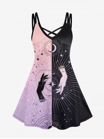 Gothic Moon Sun Hands Colorblock Print Crisscross Cami Dress - LIGHT PINK - L