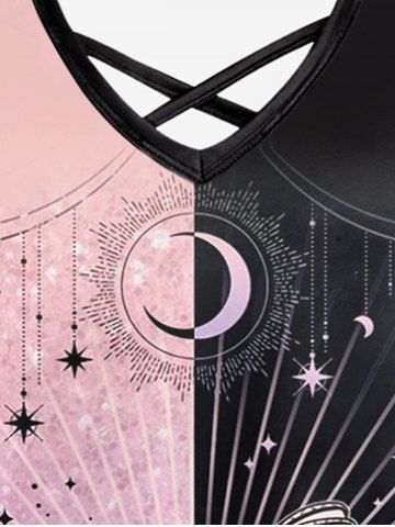 Gothic Moon Sun Hands Colorblock Print Crisscross Cami Dress