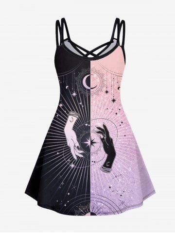 Gothic Moon Sun Hands Colorblock Print Crisscross Cami Dress