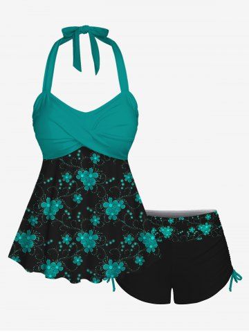 Halter Twist Flower Print Cinched Boyleg Tankini Swimsuit - GREEN - 1X