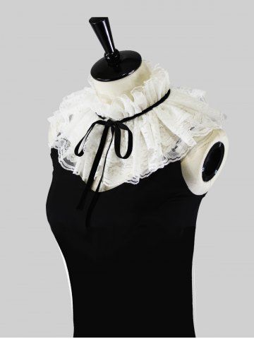 Women Gothic Ruffled False Collar Shawl Ribbon Bowknot Capelet - WHITE