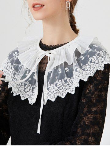 Lace Embroidered Ruffled Tie False Collar - WHITE