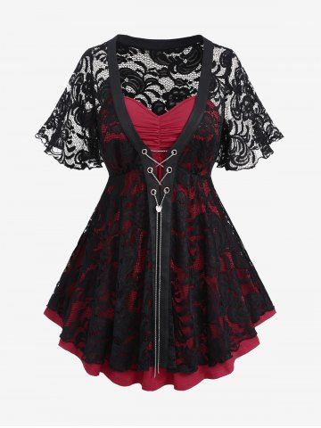 Plus Size Ruched Cami Top and Floral Lace Chains Lace-up T-shirt - DEEP RED - M | US 10