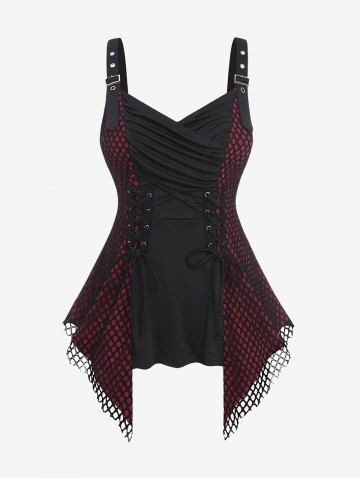Gothic Fishnet Overlay Lace-up Buckle Crisscross Ruched Asymmetrical Tank Top - BLACK - M | US 10