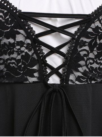Plus Size Lace-up Ruffles Pocket Lace Panel Cold Shoulder Vintage Dress