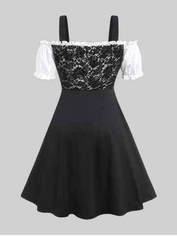 Plus Size Lace-up Ruffles Pocket Lace Panel Cold Shoulder Vintage Dress