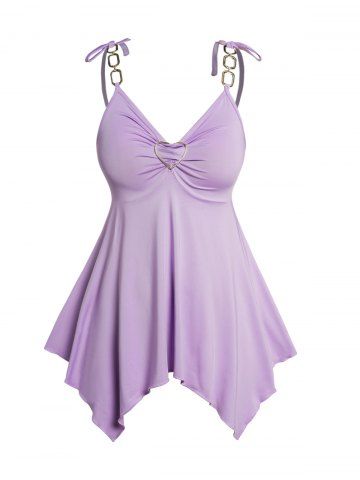 Plus Size Heart-ring Tied Shoulder Asymmetrical Hem Tank Top - LIGHT PURPLE - L