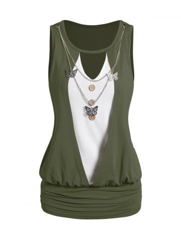 Contrast Colorblock Keyhole Ruched Mock Button Tank Top With Butterfly Chain - LIGHT GREEN - XXL