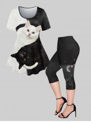 Colorblock Cats Printed T-shirt and Stars Glitter Printed Pockets Capri Leggings Plus Size Outfit -  