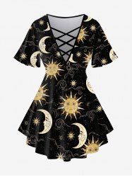 Plus Size Sun Moon Print Crisscross Short Sleeves T-shirt -  