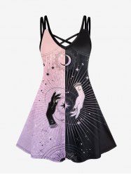 Gothic Moon Sun Hands Colorblock Print Crisscross Cami Dress -  