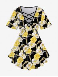 Plus Size Flower Bee Print Crisscross Short Sleeves T-shirt -  