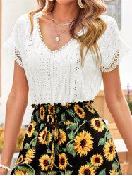 Pure Color Hollow Out Jacquard V Neck Short Sleeve T-shirt -  