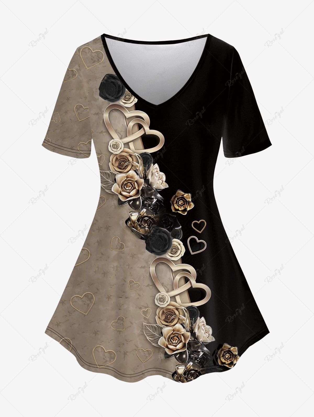 Fashion Plus Size Heart Flower Colorblock Print Short Sleeves T-shirt  