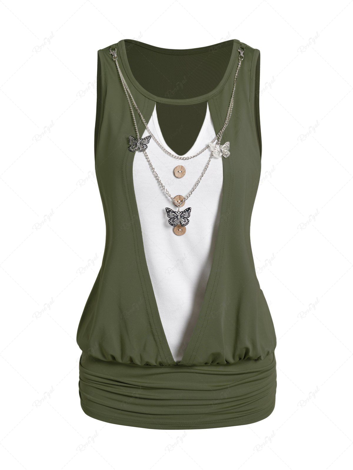 Online Contrast Colorblock Keyhole Ruched Mock Button Tank Top With Butterfly Chain  