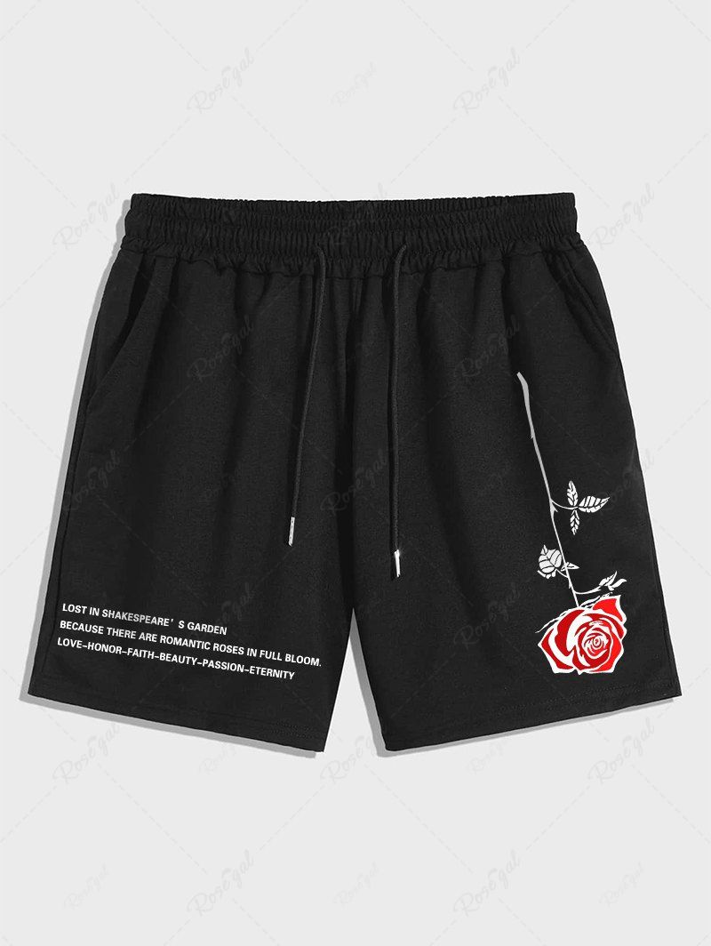 New Men's Rose Slogan Printed Casual Drawstring Shorts  