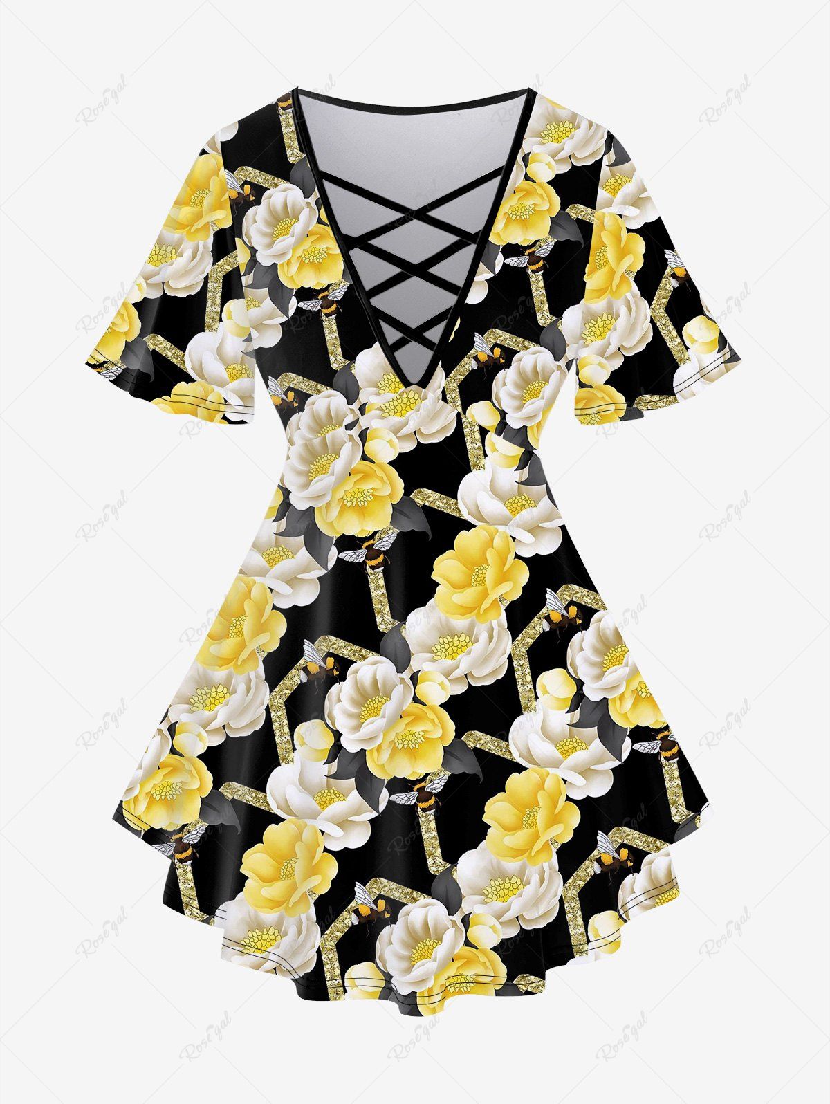 Chic Plus Size Flower Bee Print Crisscross Short Sleeves T-shirt  