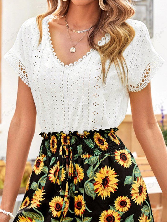 Unique Pure Color Hollow Out Jacquard V Neck Short Sleeve T-shirt  