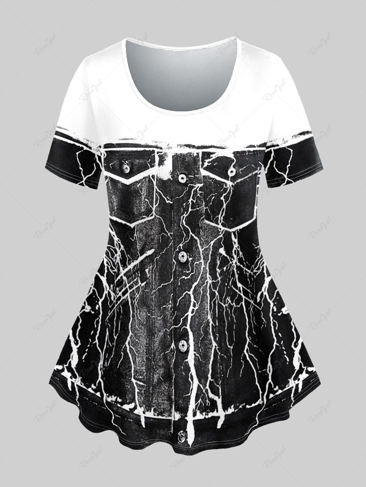 T-shirt 3D Boutons en Blocs de Couleurs avec Poche de Grande Taille à Manches Courtes Noir 6X