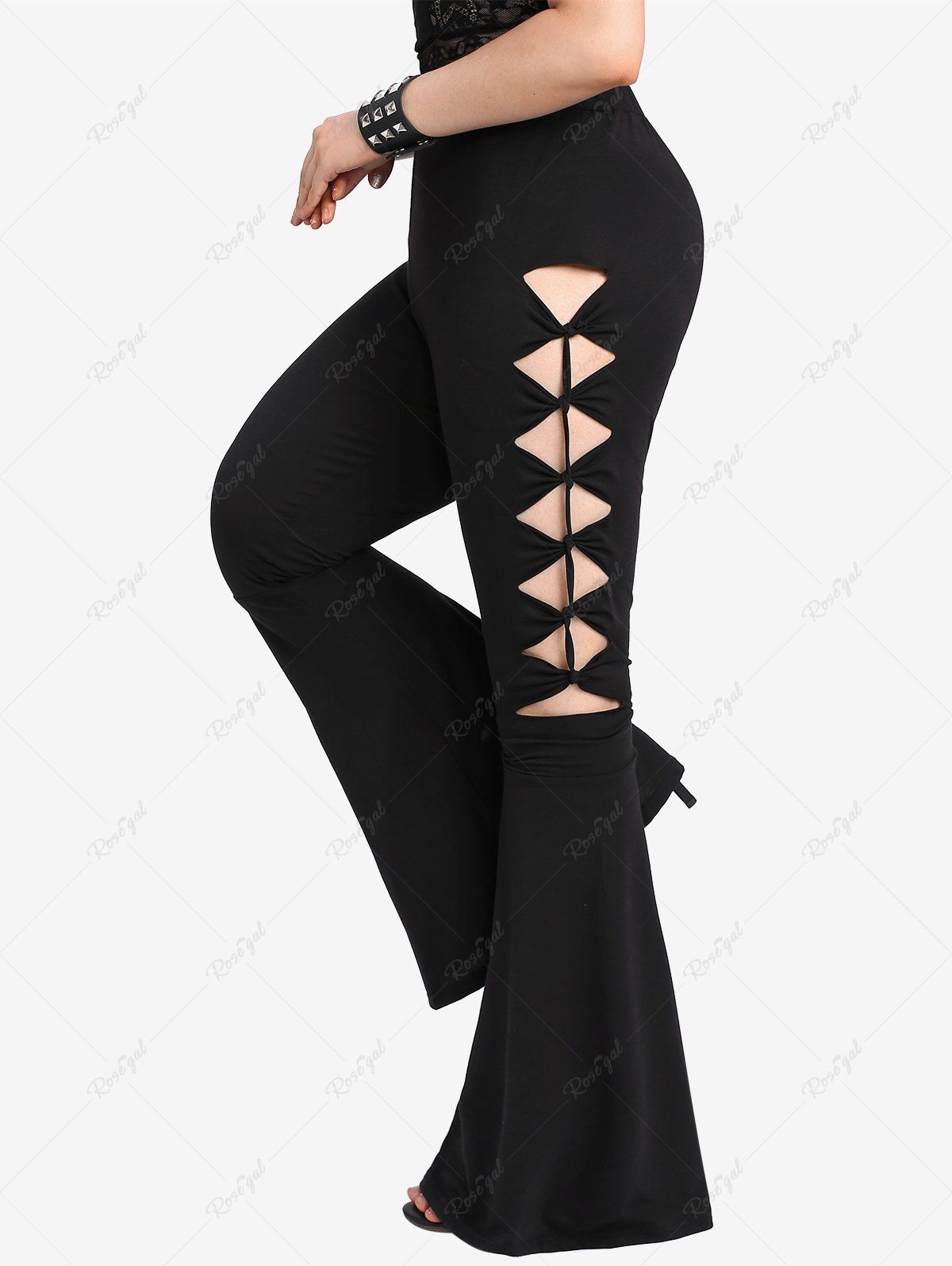 Gothic Ripped Cutout Pull On Flare Pants Noir 4X | US 26-28