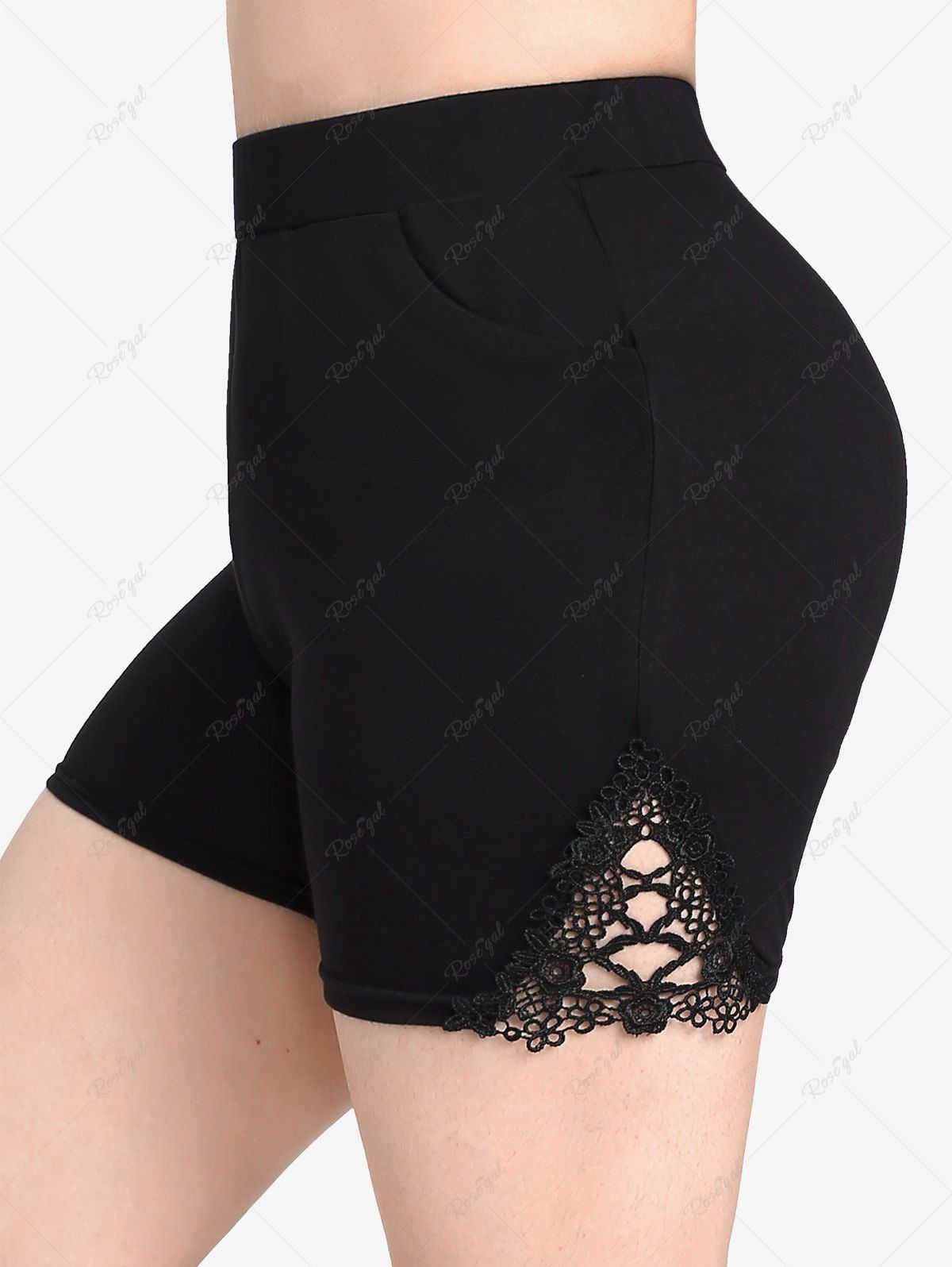 Unique Plus Size Lace Guipure Panel Pocket Pull On Shorts  