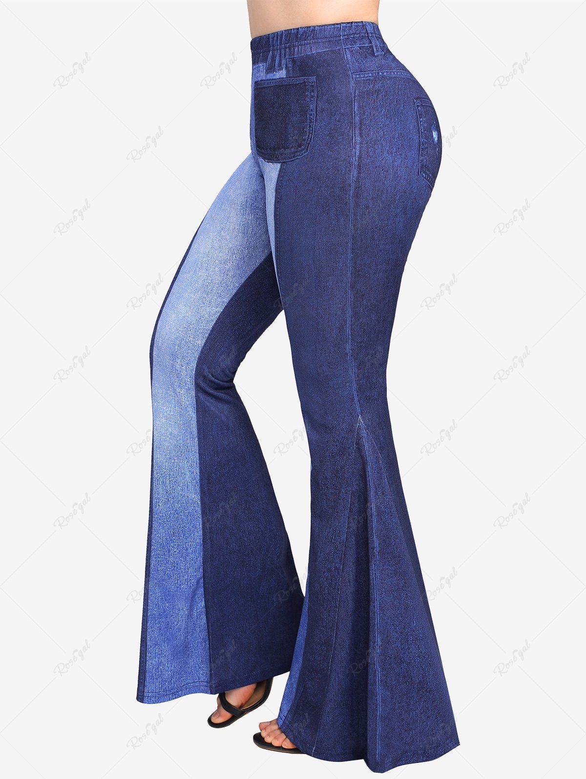 Pantalon Evasé Imprimé en Blocs de Couleurs avec Poche de Grande Taille en Denim Bleu 4X | US 26-28