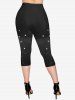 Colorblock Cats Printed T-shirt and Stars Glitter Printed Pockets Capri Leggings Plus Size Outfit -  