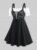 Plus Size Lace-up Ruffles Pocket Lace Panel Cold Shoulder Vintage Dress -  