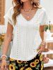 Pure Color Hollow Out Jacquard V Neck Short Sleeve T-shirt -  