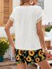 Pure Color Hollow Out Jacquard V Neck Short Sleeve T-shirt -  