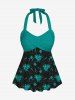 Halter Twist Flower Print Cinched Boyleg Tankini Swimsuit -  