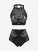 Maillot de Bain Bikini Gothique Rose Tête de Taureau Imprimé en Maille Transparente - Noir M | US 10