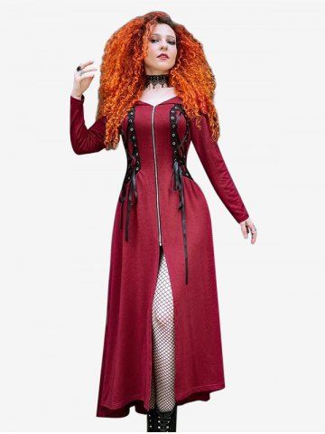 Plus Size Hooded Lace Up Front Zipper High Low Maxi Coat