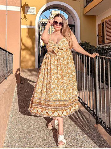 Maxi Robe à Imprimé Tribale Courbe de Grande Taille Style Bohémien avec Nœud Papillon