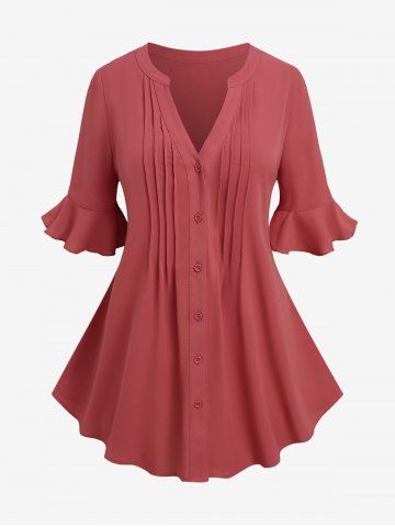 Plus Size Pleated Buttons Ruffles Blouse - LIGHT PINK - L | US 12
