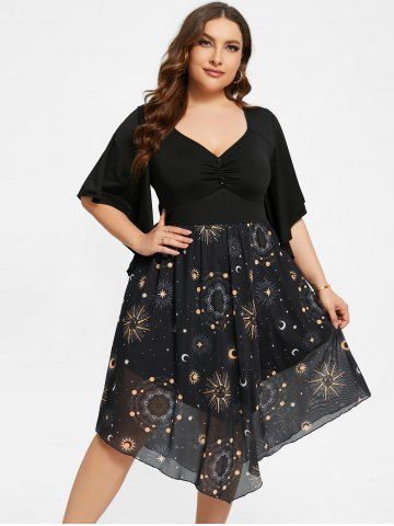 Plus Size Moon Sun Star Print Button Ruched Butterfly Sleeves Dress - BLACK - 4X | US 26-28