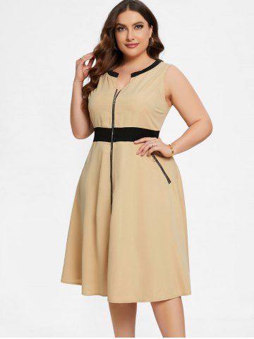 Plus Size Pocket Zipper Sleeveless Dress - LIGHT COFFEE - L | US 12