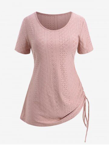 Plus Size Cinched Hollow Out Short Sleeves T-shirt - LIGHT PINK - XL