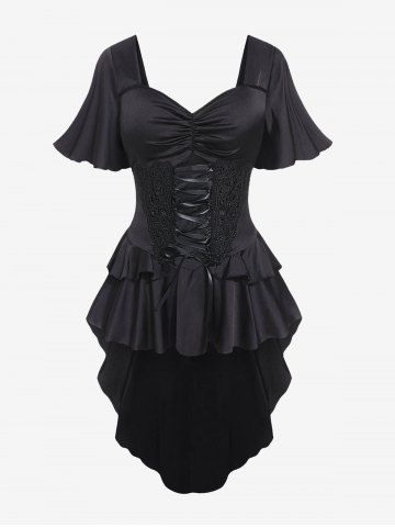 Gothic Lace-up Guipure Lace Panel Ruffle Silky Satin High Low Blouse - BLACK - 1X | US 14-16